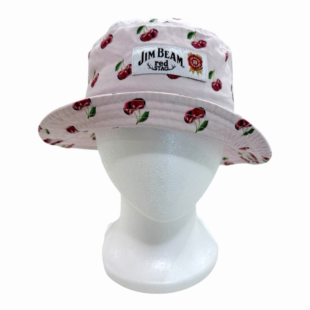 Jim Beam Red Stag Bucket Hat Cherry Print Pink Cotton Drink‎ Smart Unisex